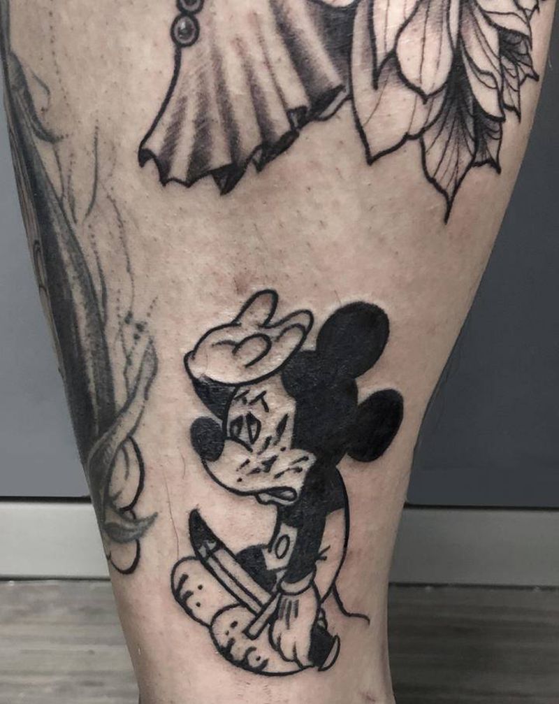 杀手米奇老鼠纹身图片_腿部Old School米老鼠纹身图案