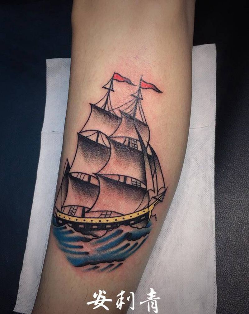 一帆风顺纹身图片_腿部脚部Old School遮盖帆船彩色纹身图案