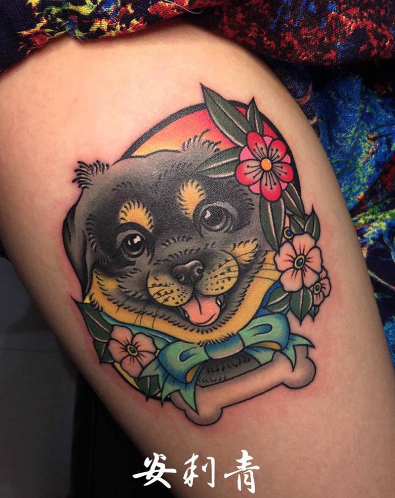 爱纹身图片_腿部脚部Old SchoolNew School狗彩色花纹身图案