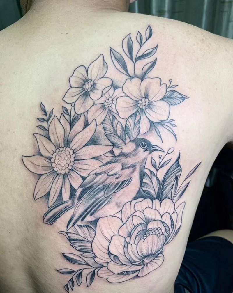 素华花纹身图片_背部肩部点刺New School纹身图案