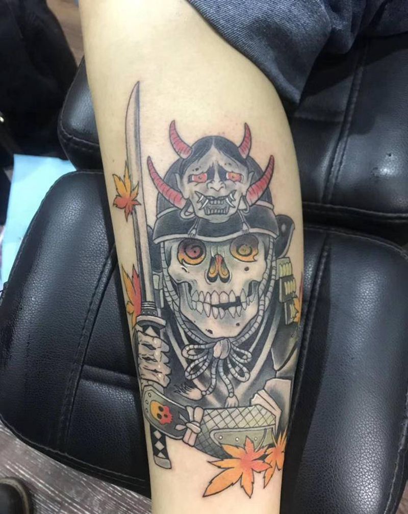 鬼武士纹身图片_脚部腿部欧美写实新传统纹身图案
