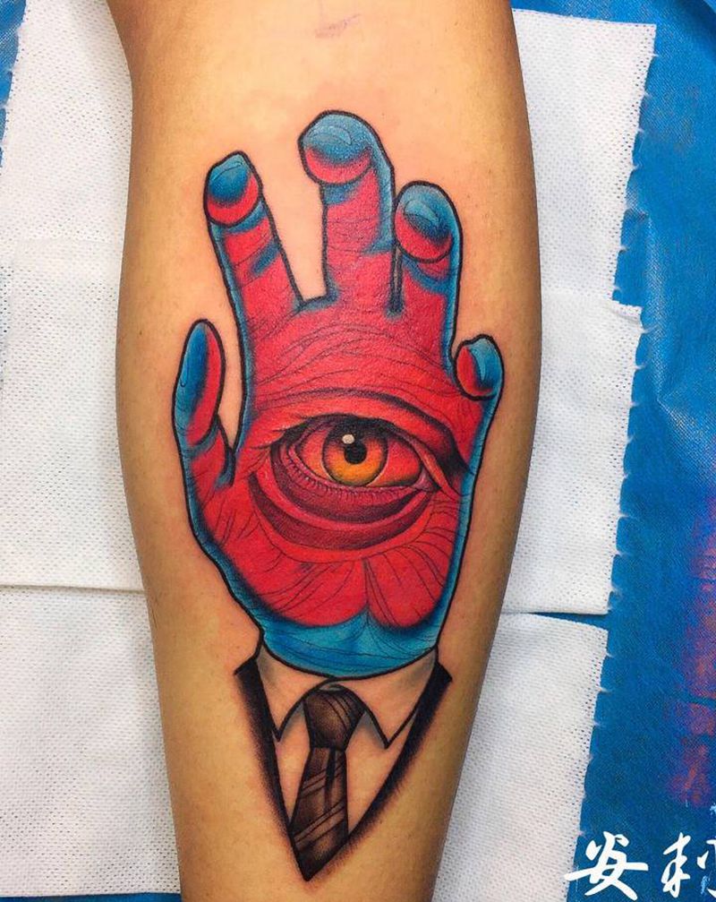 彩色蒸汽波纹身图片_腿部脚部欧美写实New School手眼睛小腿纹身图案