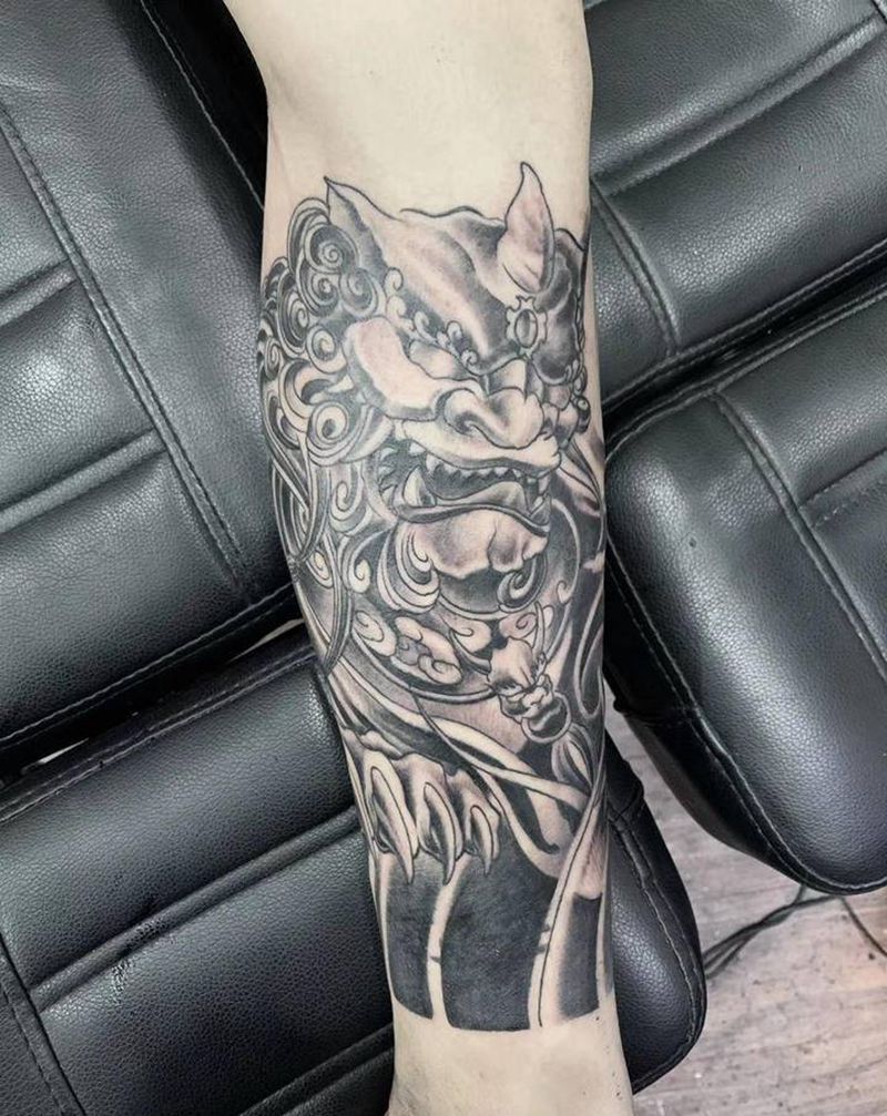 唐狮子纹身图片_脚部腿部老传统新传统纹身图案