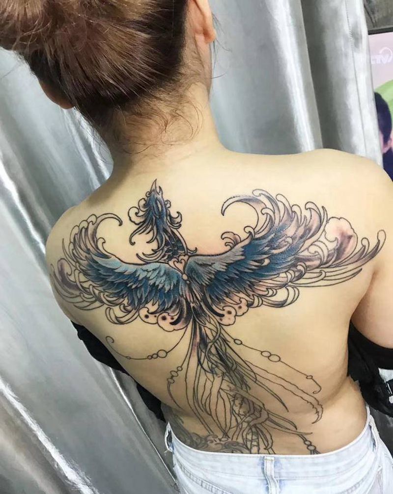 凤凰未完成纹身图片_背部腰部新传统水彩纹身图案