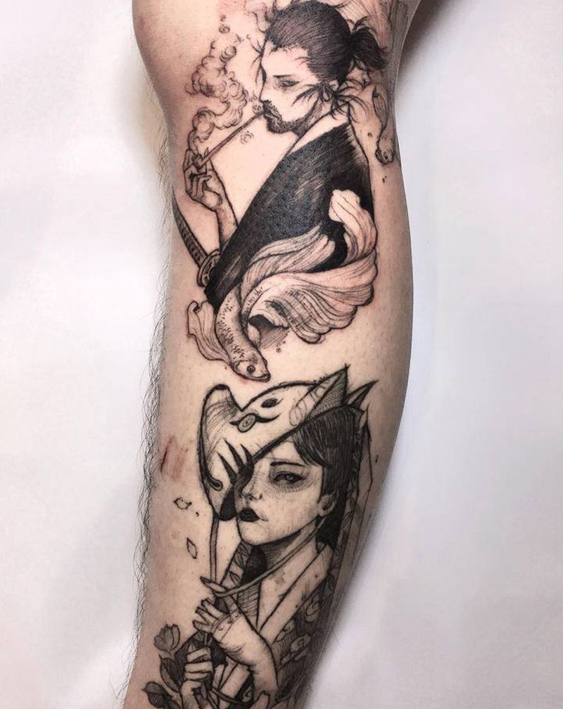 糙纹身图片_腿部脚部点刺水墨剑客稻荷神黑灰纹身图案