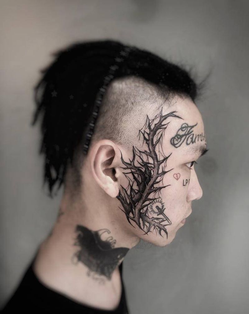 暗黑荆棘纹身图片_颈部点刺暗黑素描纹身图案