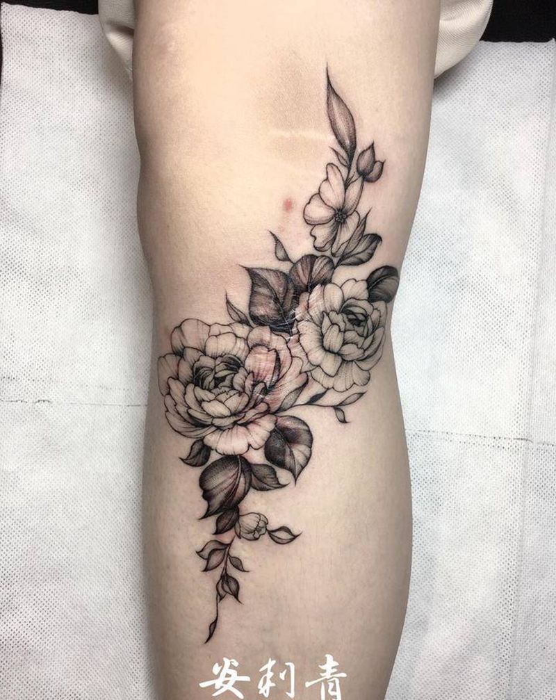 素花遮盖纹身图片_腿部脚部点刺伤疤覆盖设计纹身图案