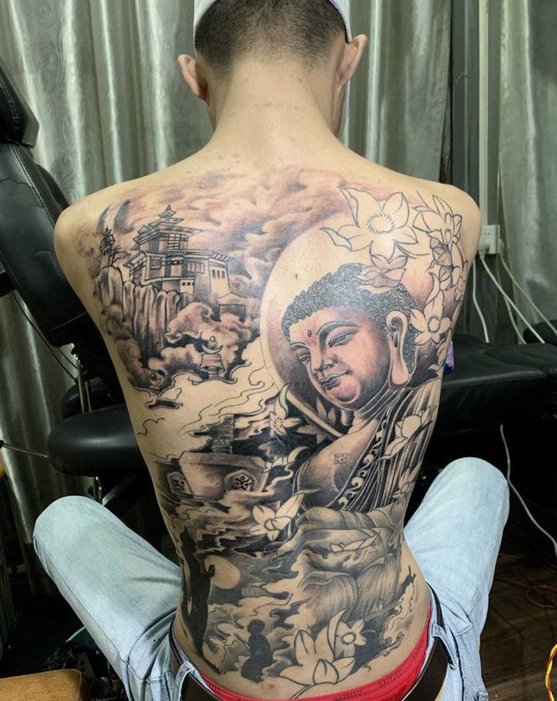 佛纹身图片_背部新传统老传统满背纹身图案