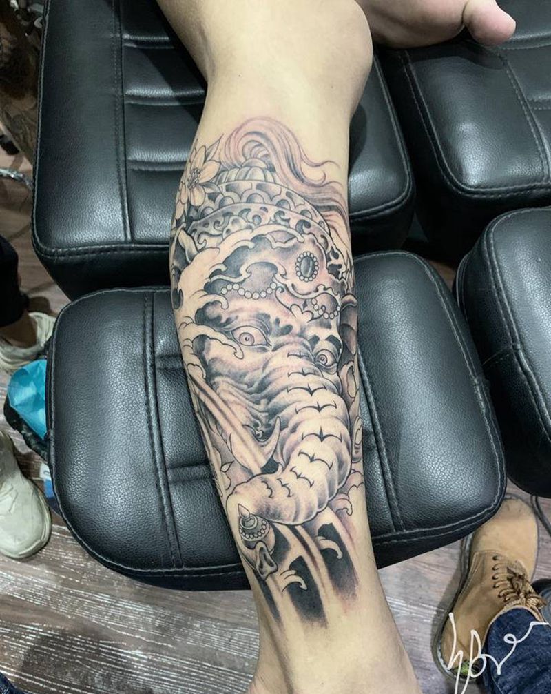 象神纹身图片_腿部脚部新传统老传统纹身图案