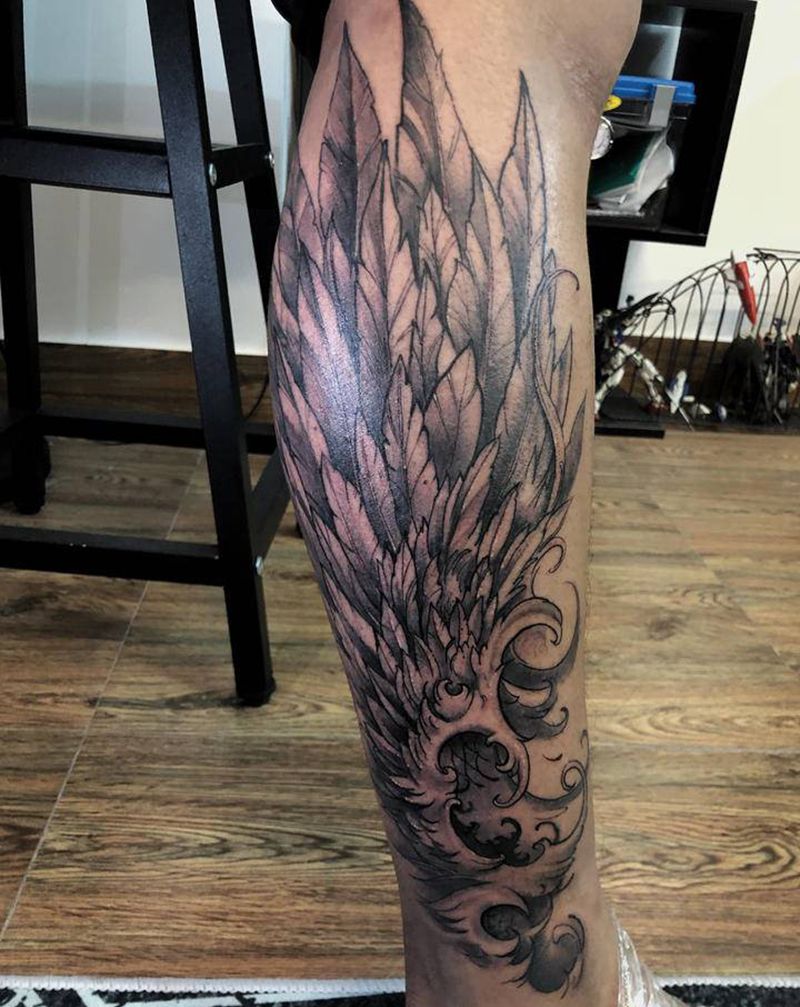 翅膀纹身图片_腿部纹身图案