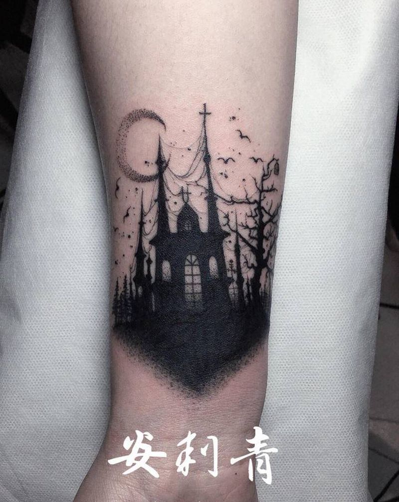遮盖作品纹身图片_手臂手部点刺图腾暗黑树城堡纹身图案