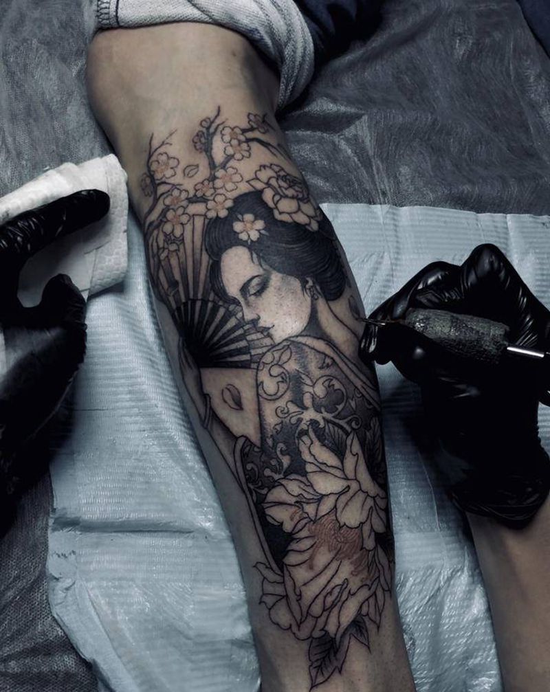 艺妓，原创纹身图片_腿部新传统纹身图案