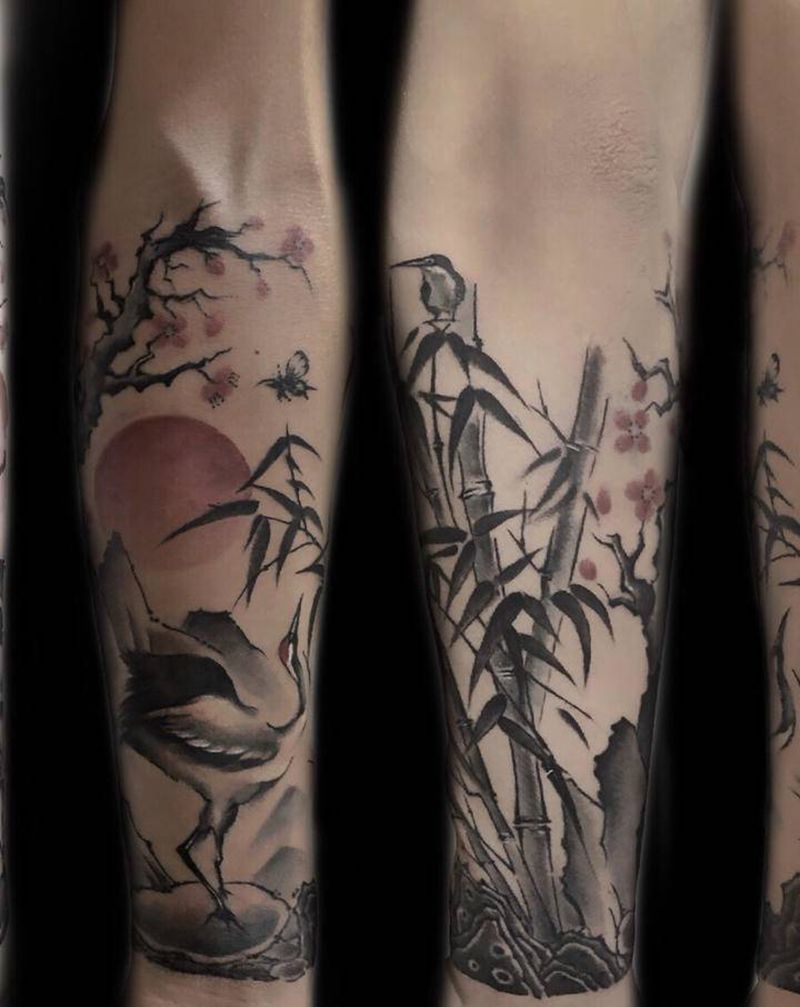仙鹤水墨纹身纹身图片_水墨水彩纹身图案