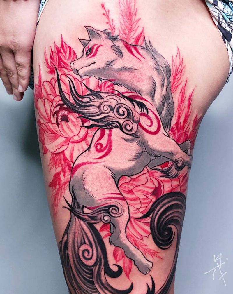 银狐纹身图片_腿部纹身图案