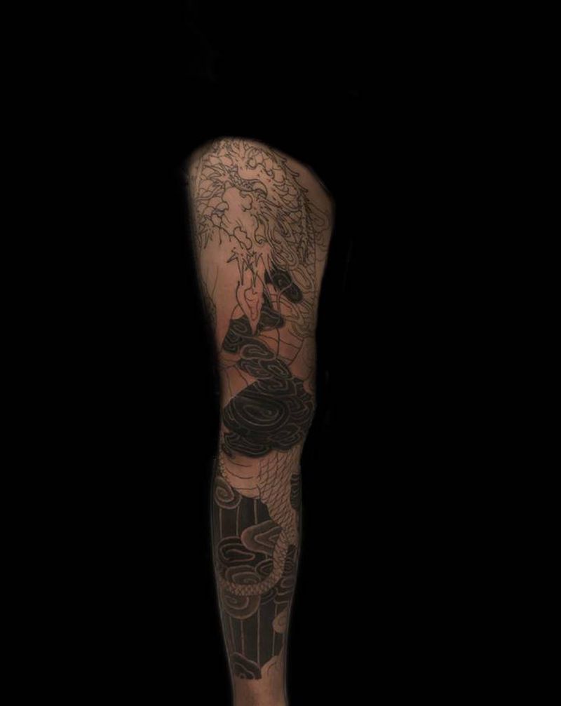 整腿龙未完成纹身图片_腿部老传统纹身图案