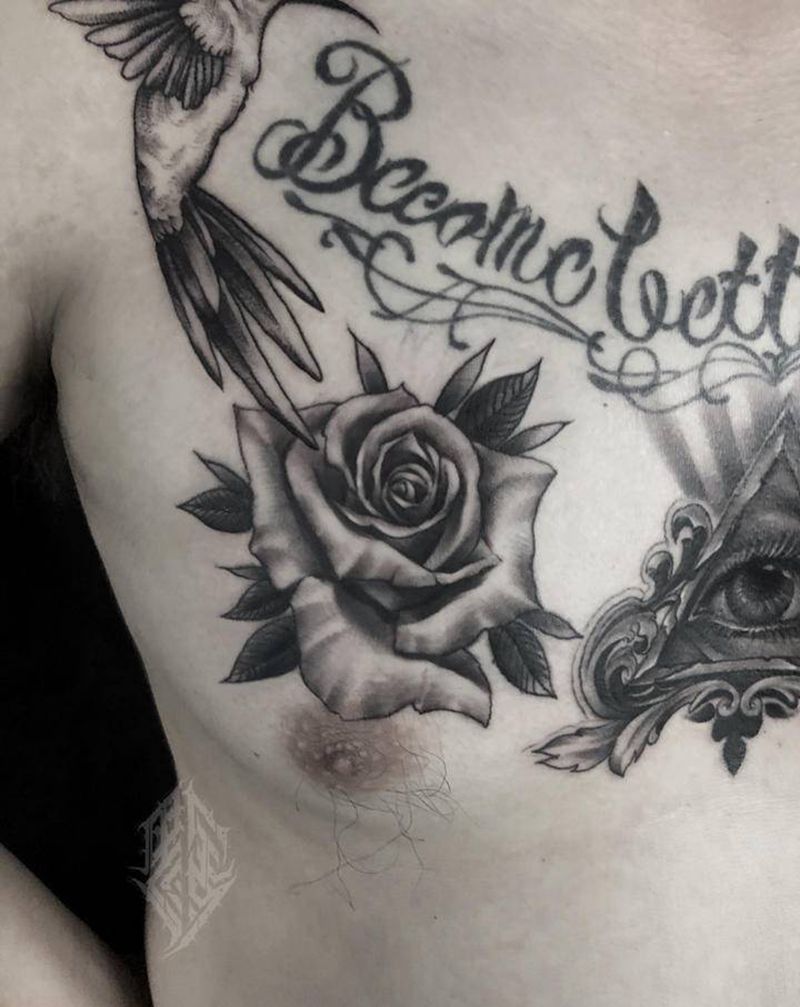 玫瑰花纹身图片_胸部欧美写实纹身图案