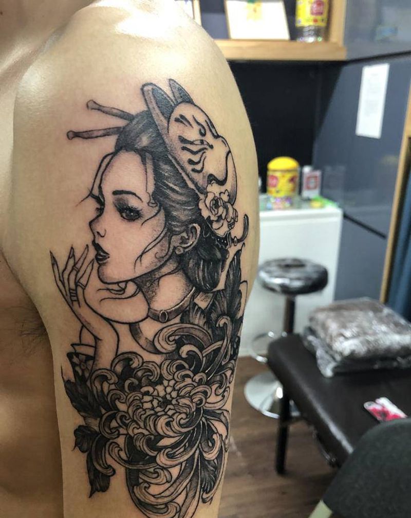 艺妓（全程圆针操作）纹身图片_手臂新传统点刺纹身图案