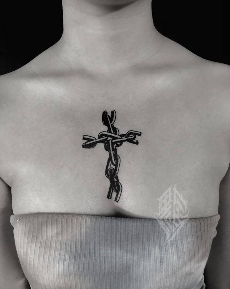 十字锁纹身图片_胸部New School纹身图案