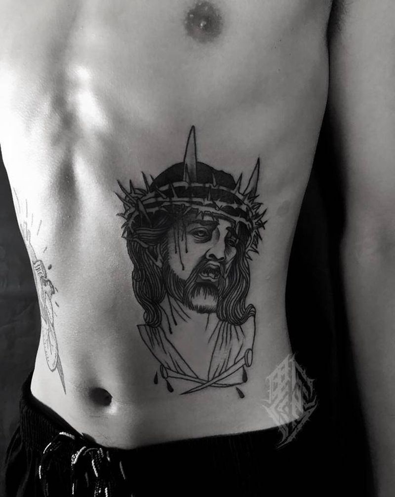 堕耶稣纹身图片_腹部New School纹身图案