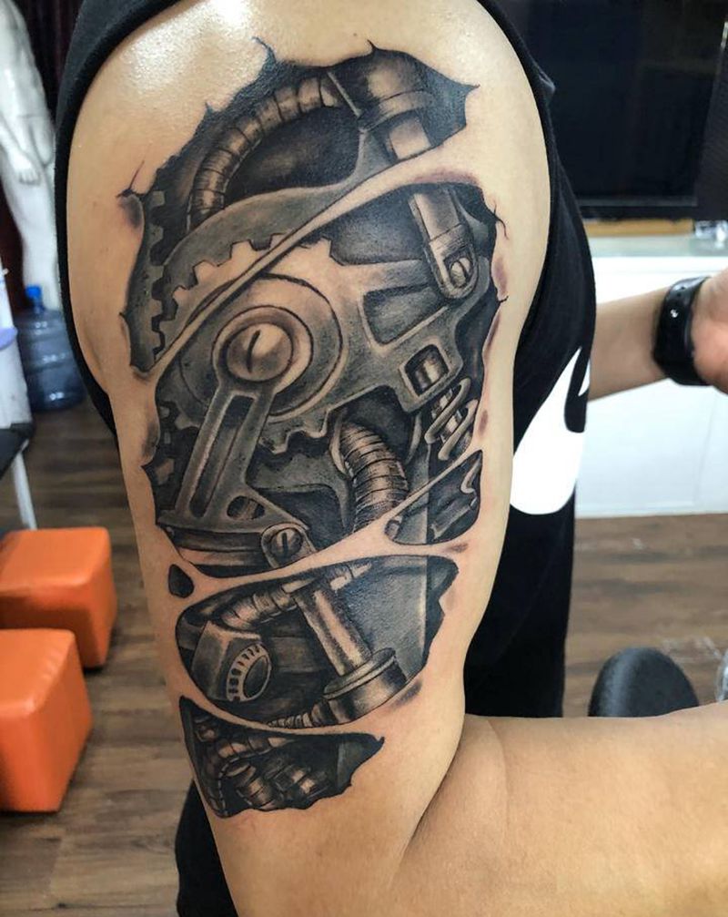 机械臂纹身图片_手臂欧美写实机械纹身图案