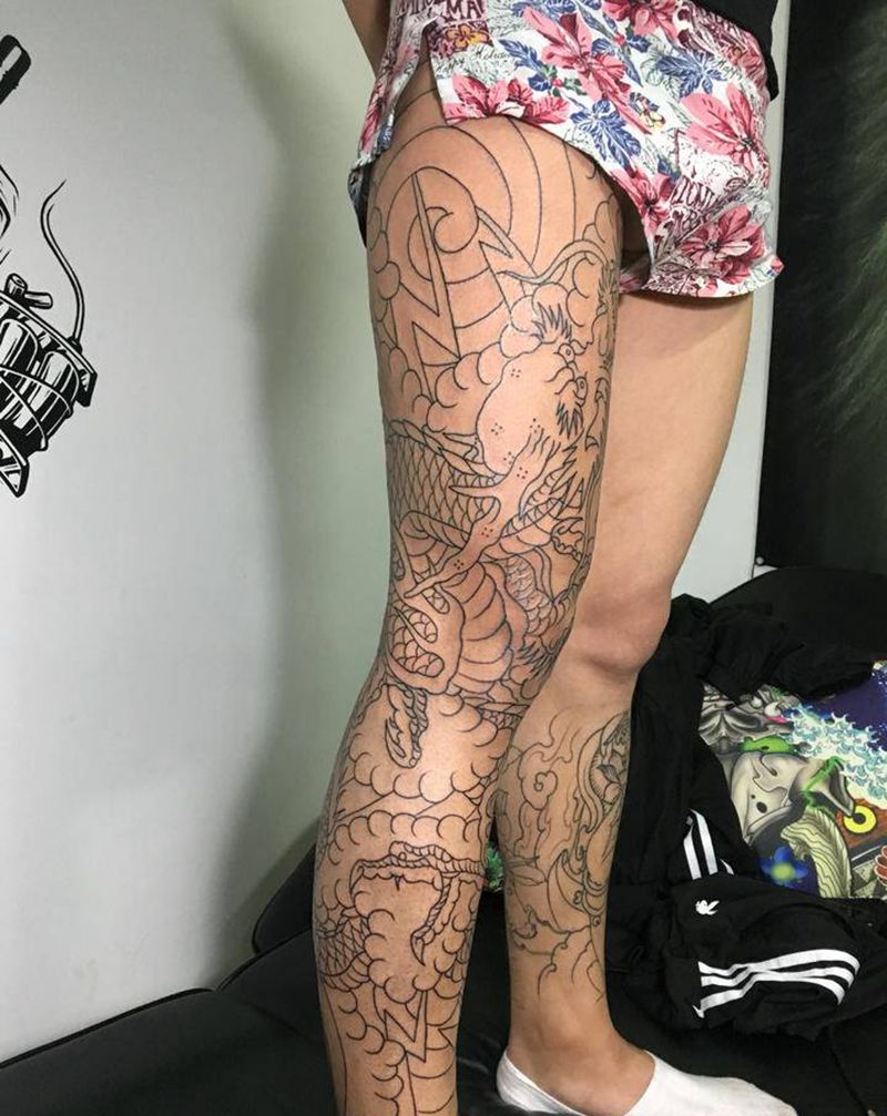 龙腿纹身图片_腿部纹身图案
