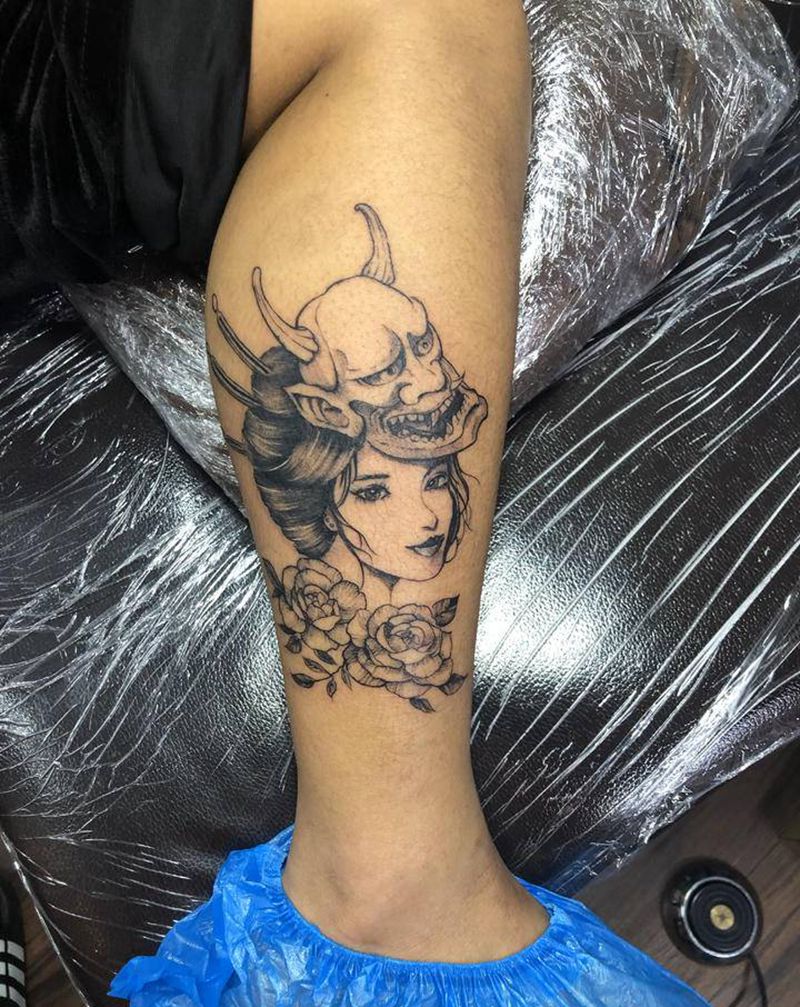 艺妓纹身图片_腿部新传统点刺纹身图案