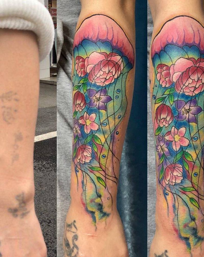 水母遮盖纹身纹身图片_手部新传统水彩纹身图案