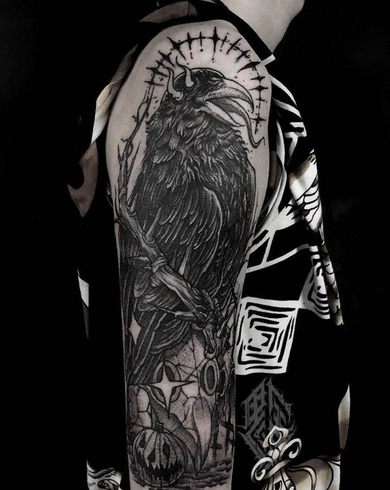 暗黑乌鸦纹身图片_手臂点刺纹身图案