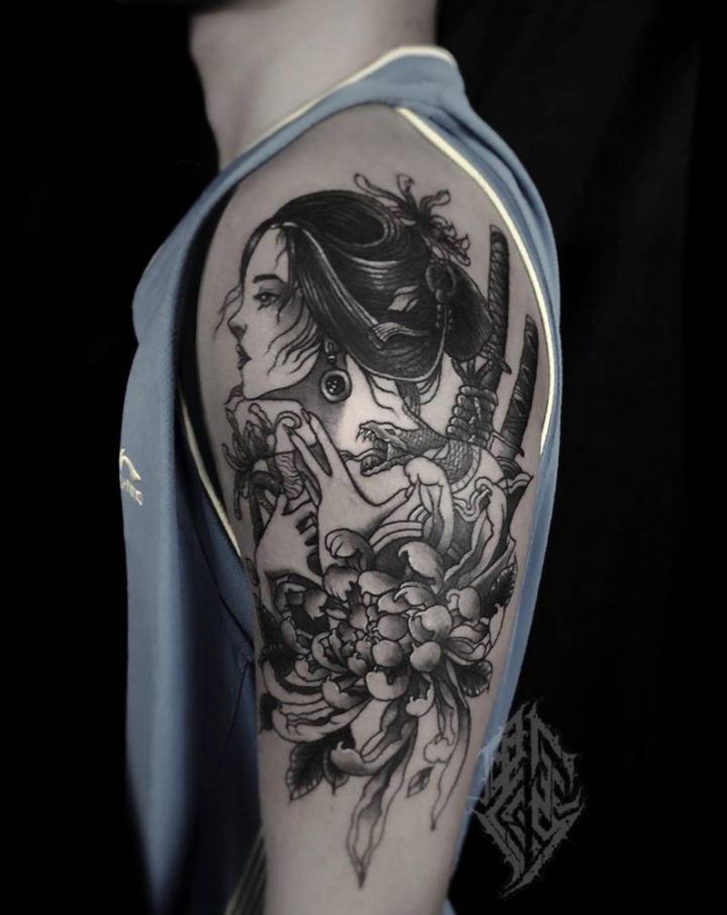 艺妓纹身图片_手臂新传统纹身图案