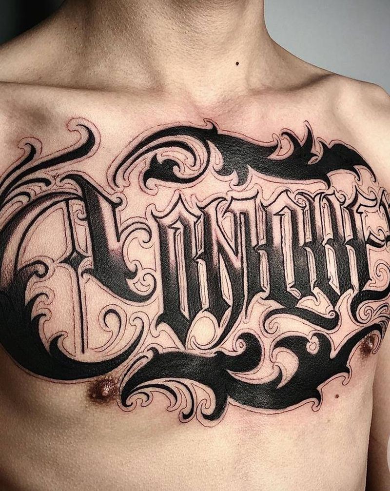 Conquer纹身图片_胸部花体字纹身图案