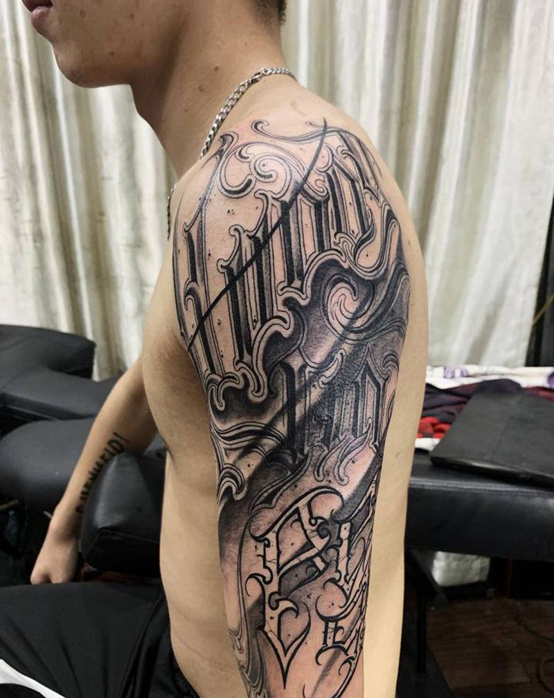 花体纹身图片_手部手臂花体字New School纹身图案