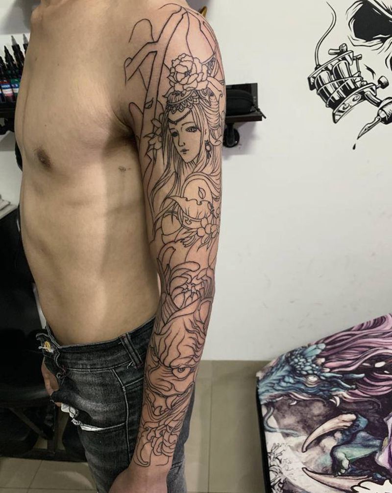 花臂线条（艺伎非本店）纹身图片_手臂老传统纹身图案