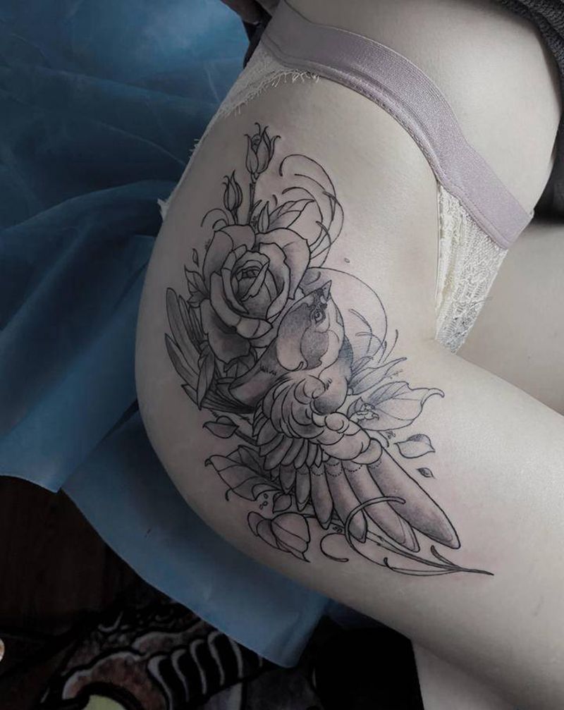 素花鸟纹身图片_腿部素花 鸟纹身图案