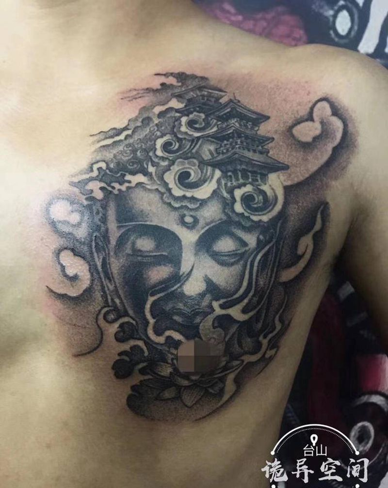 佛像纹身图片_胸部新传统纹身图案