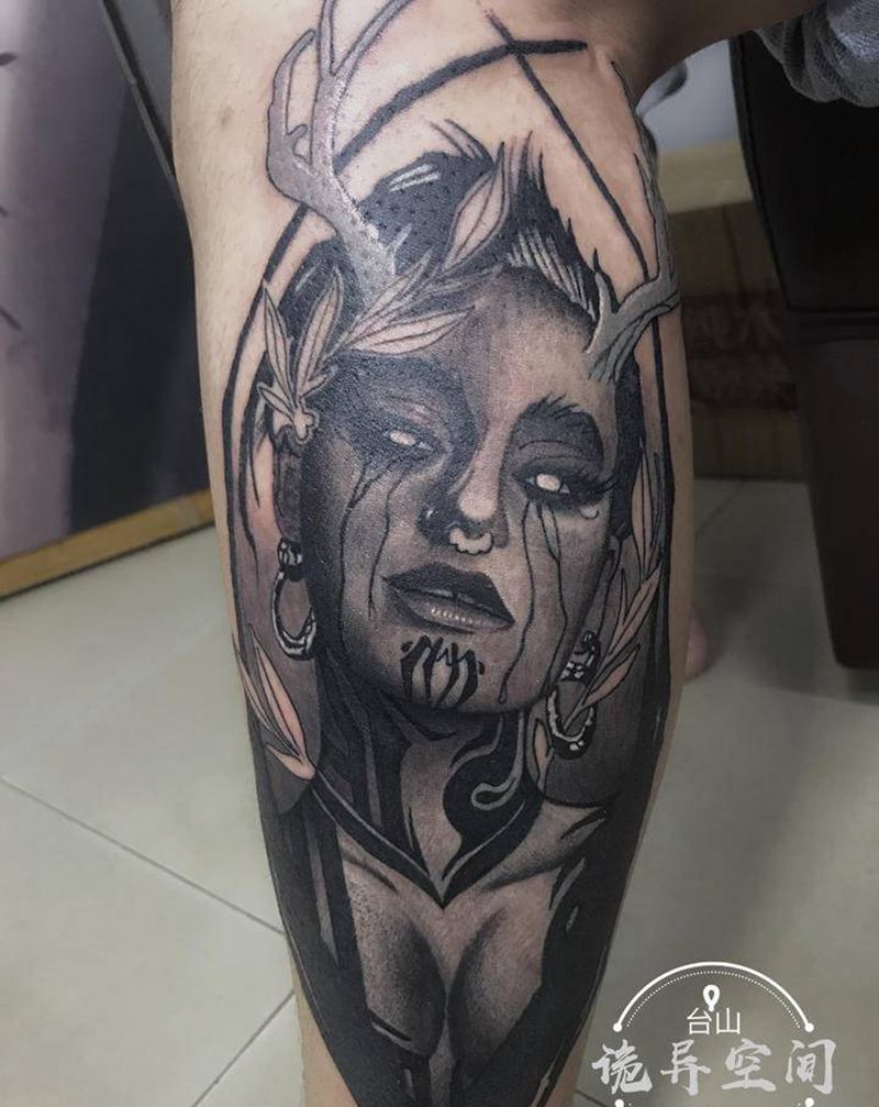 暗黑系纹身图片_腿部欧美写实纹身图案