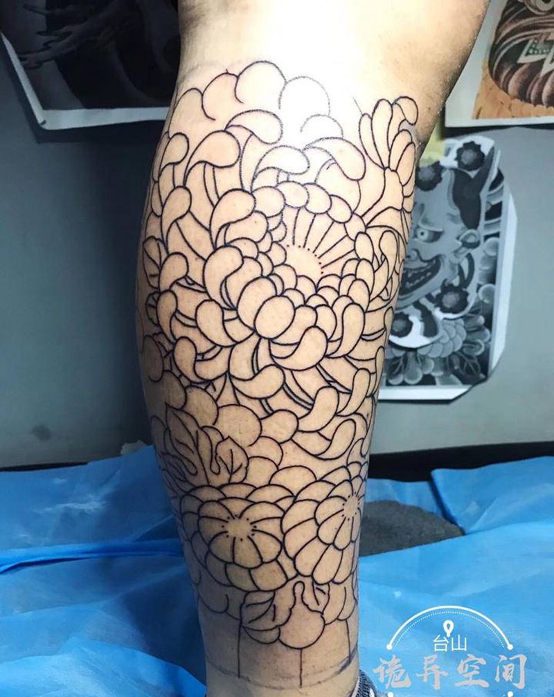 包小腿未完成纹身图片_腿部老传统纹身图案