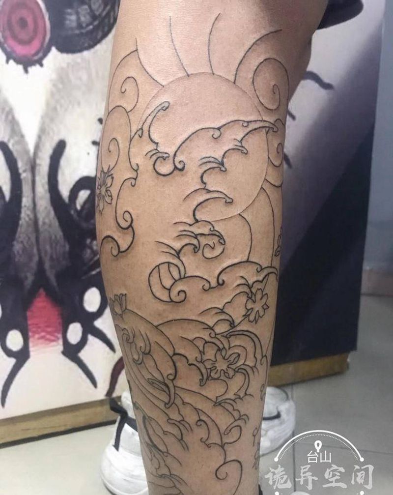 传统线条纹身图片_腿部老传统纹身图案