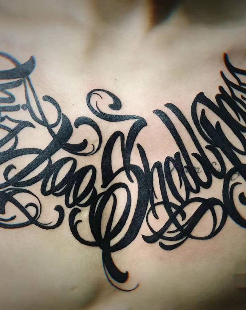 花胸纹身图片_花体字纹身图案