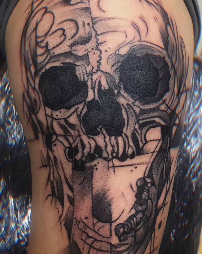 骷髅纹身图片_手臂几何点刺纹身图案