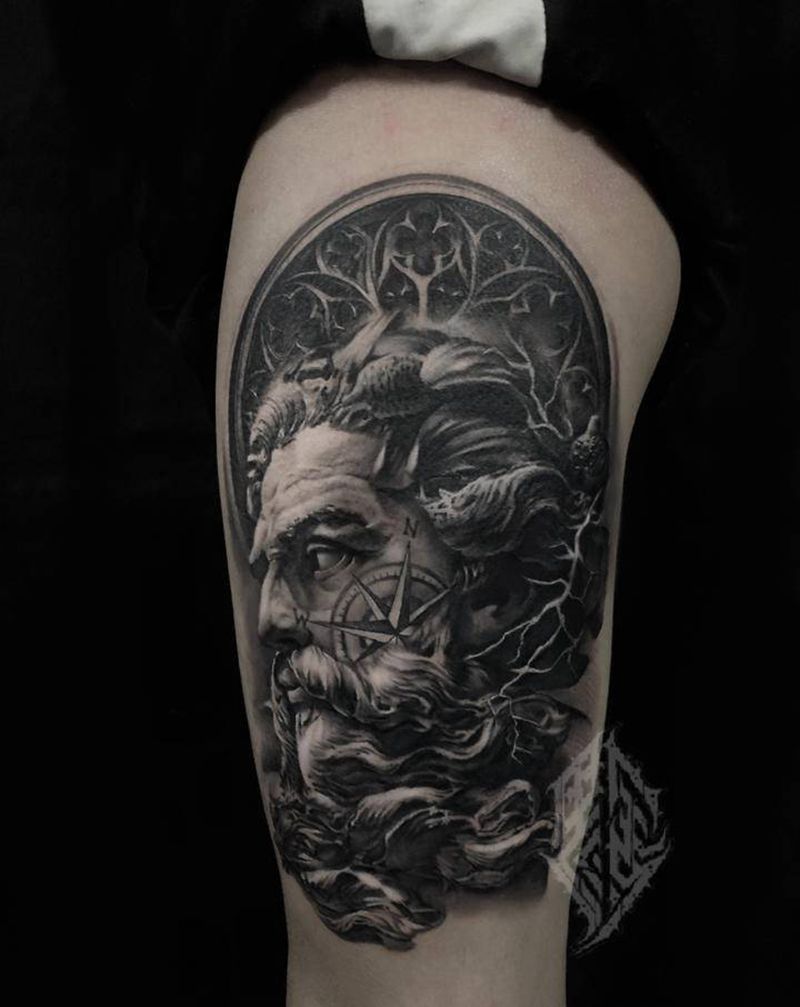 海神波塞冬纹身图片_腿部欧美写实纹身图案