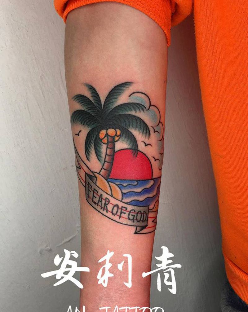 遮盖作品纹身图片_手臂手部Old SchoolNew School椰子树海滩彩色纹身图案