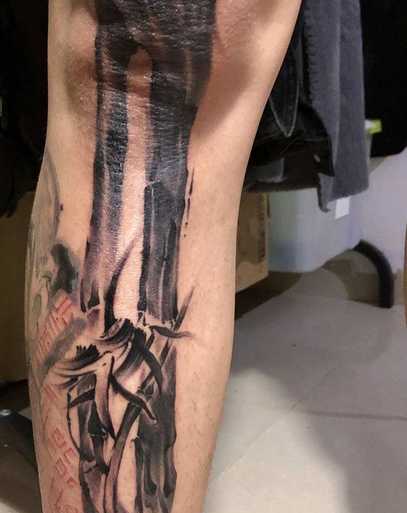 写意人生.纹身图片_腿部水墨纹身图案