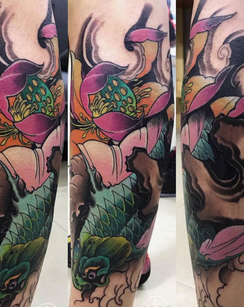 小腿鲤鱼纹身图片_腿部新传统纹身图案