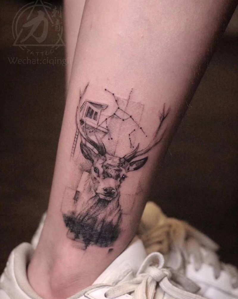 鹿/覆盖纹身图片_腿部纹身图案