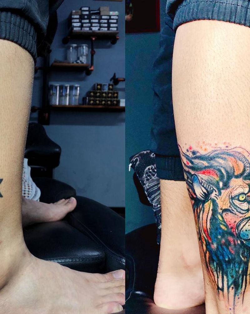 旧纹身覆盖纹身图片_腿部水彩New School纹身图案