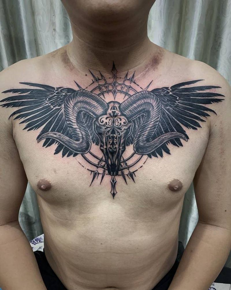 羊头骨纹身图片_颈部胸部新传统老传统纹身图案