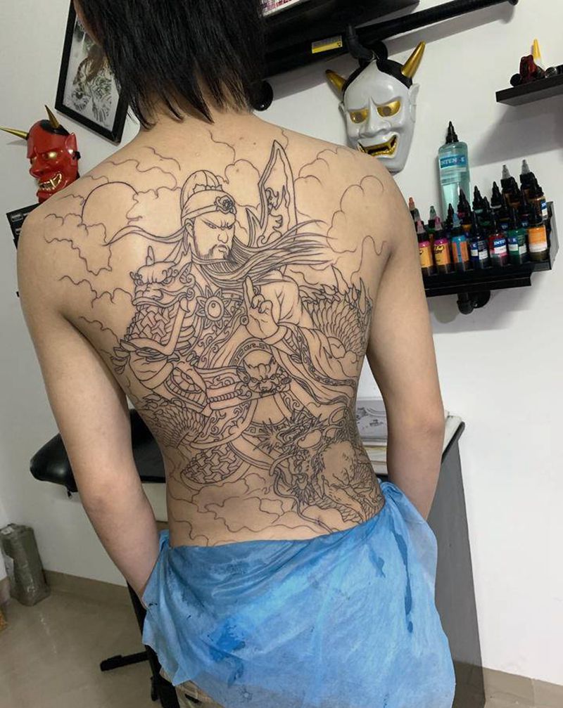 关羽线条纹身图片_背部纹身图案