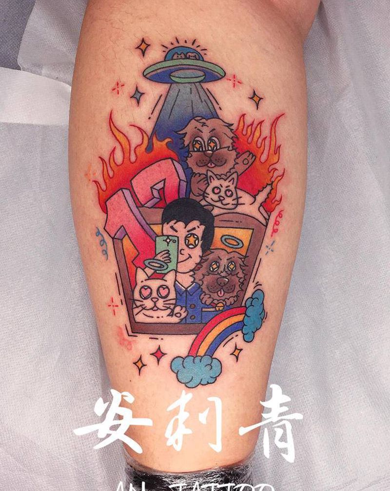 卡通动漫纹身图片_腿部脚部New SchoolOld School狗狗猫咪数字纹身图案