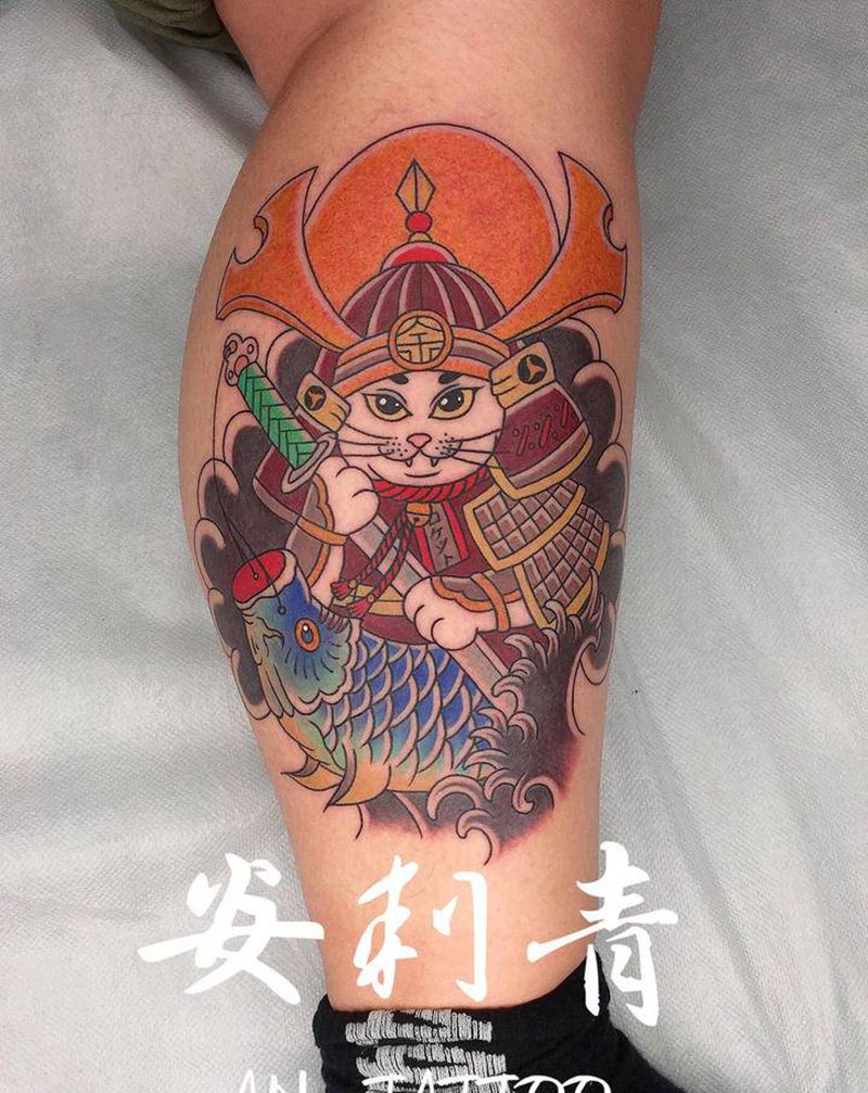 猫武士纹身图片_腿部脚部老传统Old School鲤鱼旗猫武士火箭纹身图案