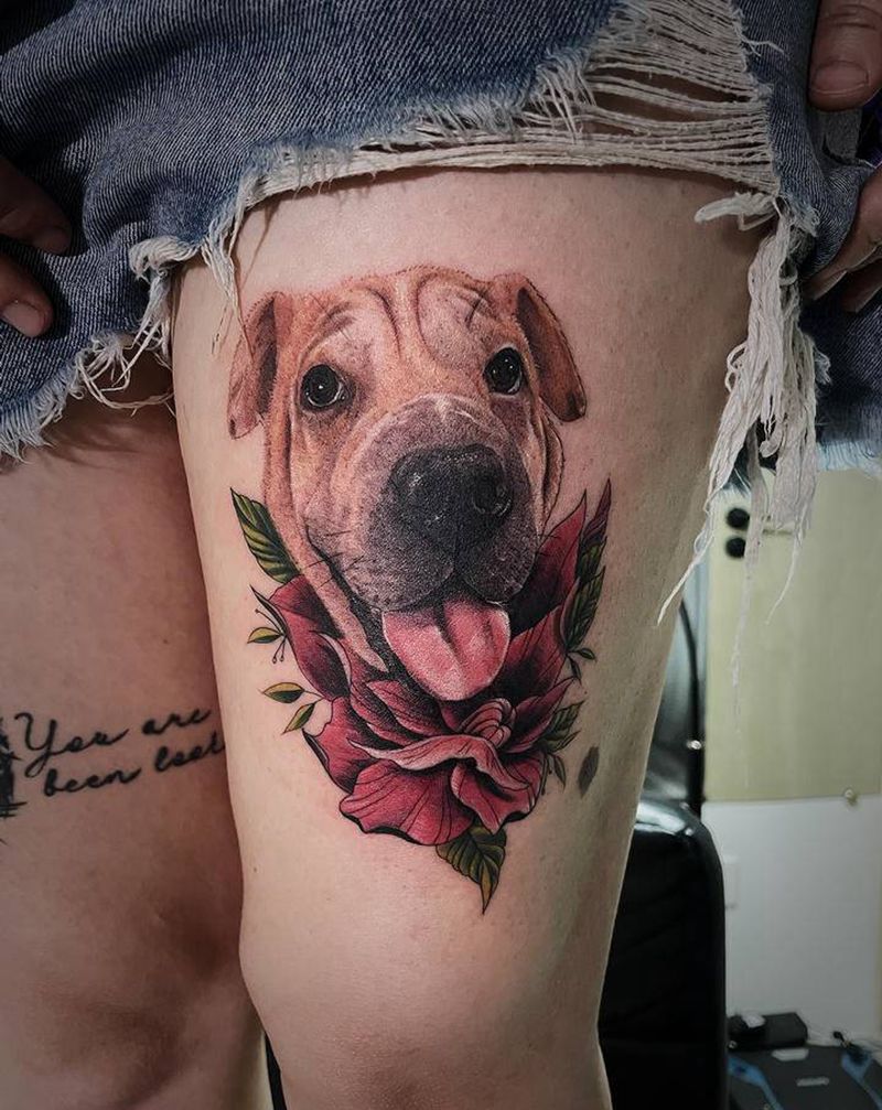 客人的宠物纹身图片_腿部欧美写实纹身图案